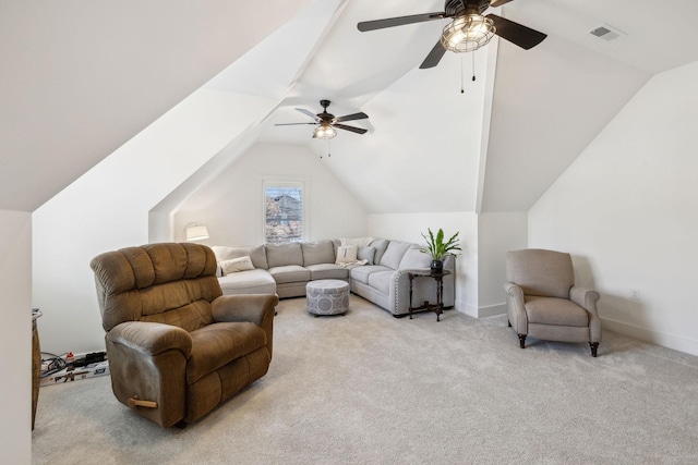 carpeted living room with vaulted ceiling and ceiling fan