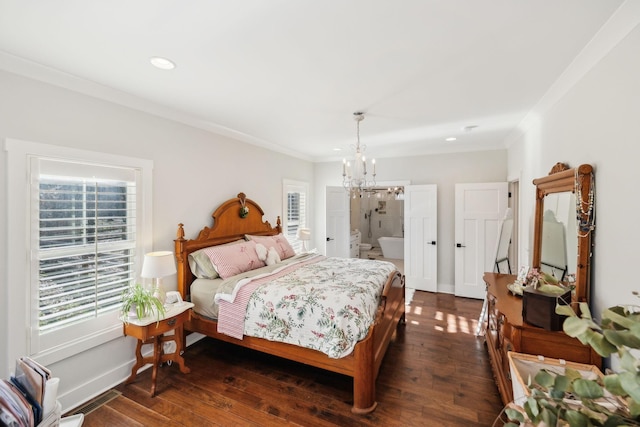 bedroom featuring crown molding, multiple windows, and dark wood-type flooring