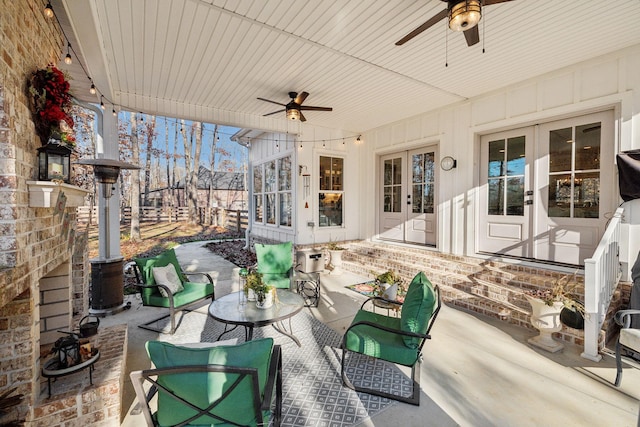 view of patio featuring outdoor lounge area, ceiling fan, and french doors