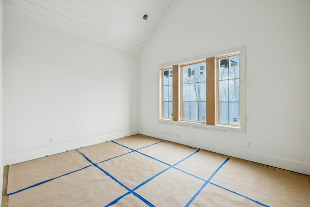 spare room featuring lofted ceiling and wooden ceiling