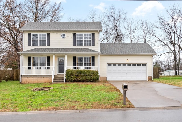 front facade featuring a porch, a garage, and a front lawn