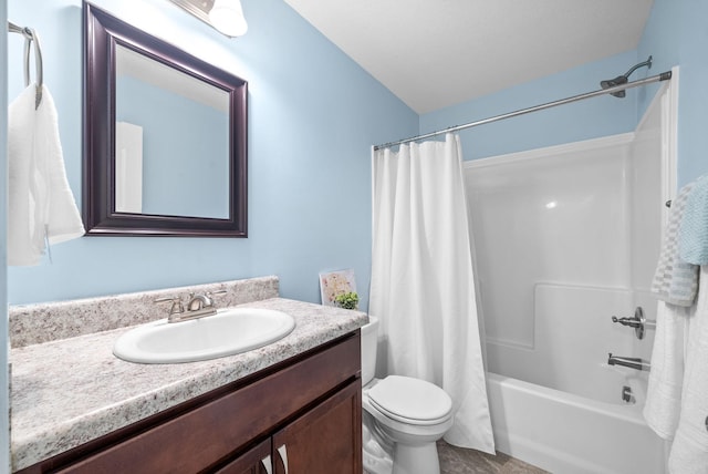 full bathroom featuring toilet, vanity, and shower / bathtub combination with curtain