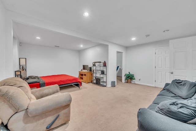 carpeted living room with baseboards and recessed lighting