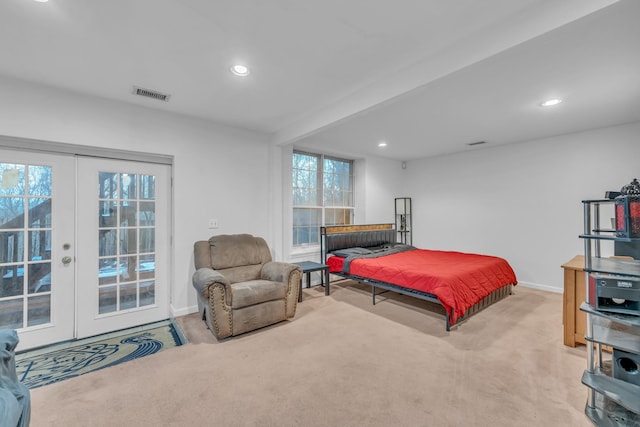 carpeted bedroom featuring recessed lighting, visible vents, baseboards, access to outside, and french doors