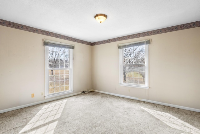 carpeted empty room with a textured ceiling and a healthy amount of sunlight