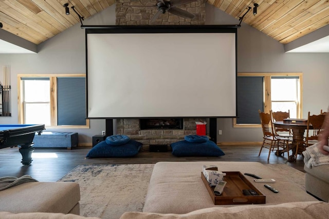 home theater featuring high vaulted ceiling, hardwood / wood-style flooring, track lighting, and wooden ceiling