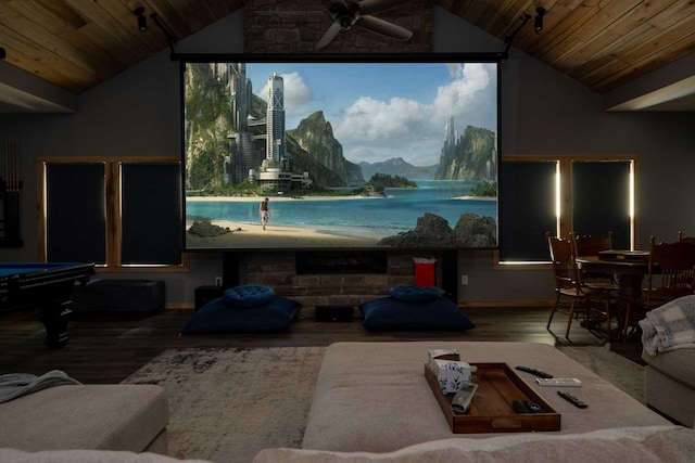 home theater room with lofted ceiling, hardwood / wood-style floors, and wood ceiling