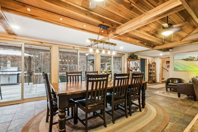 dining space featuring beam ceiling, wood ceiling, a wealth of natural light, and ceiling fan