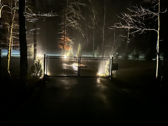 view of gate at night