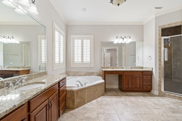 bathroom with tile patterned flooring, vanity, separate shower and tub, and crown molding