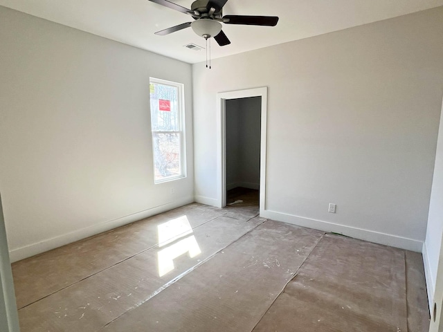 unfurnished bedroom featuring visible vents, ceiling fan, and baseboards