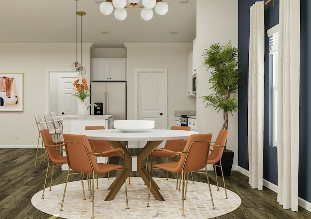 dining space with crown molding and dark wood-type flooring