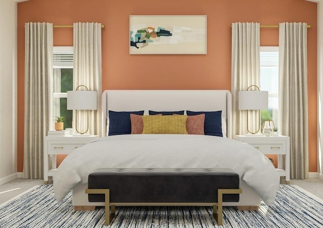 carpeted bedroom featuring vaulted ceiling