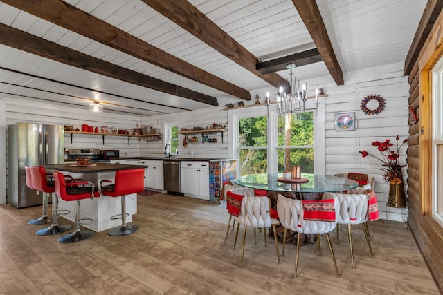 dining area featuring sink, wooden ceiling, a notable chandelier, light hardwood / wood-style floors, and wood walls