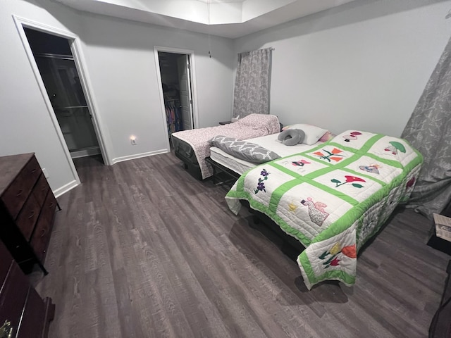 bedroom featuring dark hardwood / wood-style floors, a spacious closet, and a closet