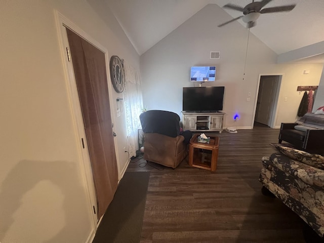 living room with ceiling fan, high vaulted ceiling, and dark wood-type flooring