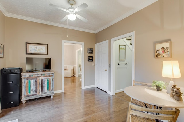 interior space featuring crown molding, hardwood / wood-style floors, and a textured ceiling