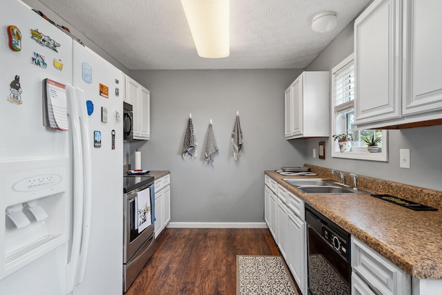 kitchen with white cabinets, a textured ceiling, sink, and black appliances