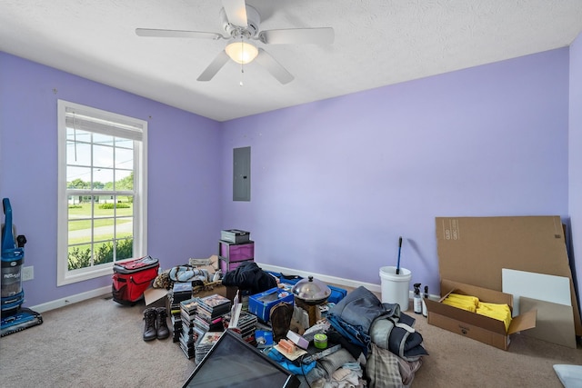 miscellaneous room featuring carpet flooring, ceiling fan, a textured ceiling, and electric panel