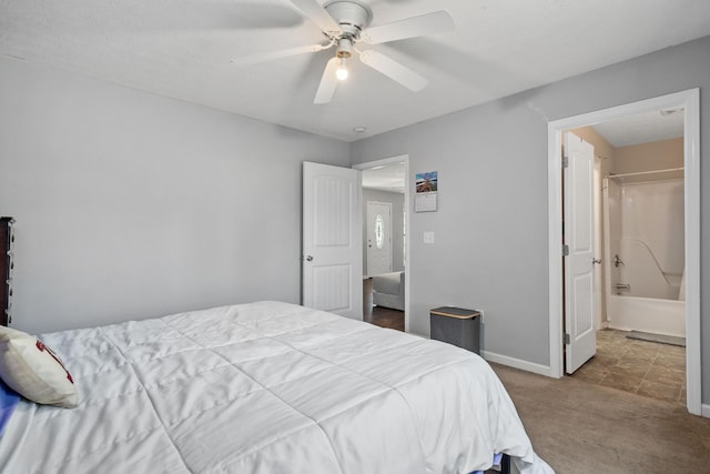 bedroom with ceiling fan and carpet