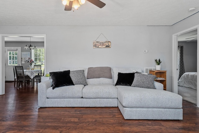 living room featuring a textured ceiling, dark hardwood / wood-style floors, and ceiling fan with notable chandelier