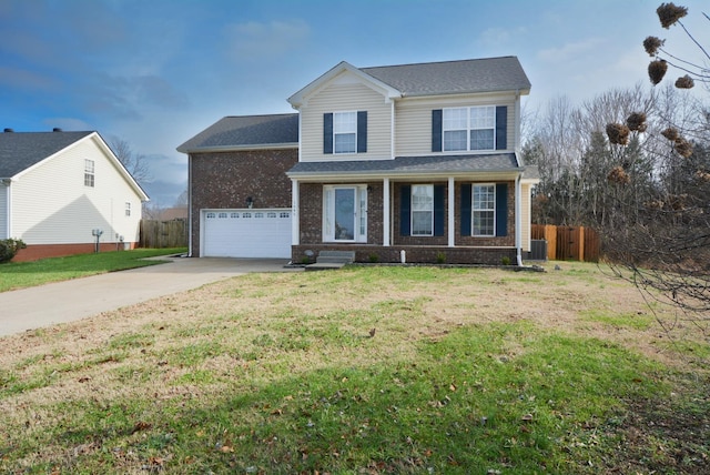 front facade with covered porch, a garage, central air condition unit, and a front lawn