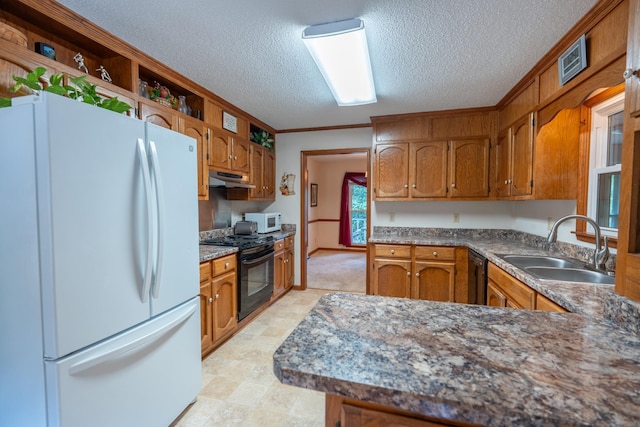 kitchen featuring kitchen peninsula, a textured ceiling, crown molding, sink, and black appliances