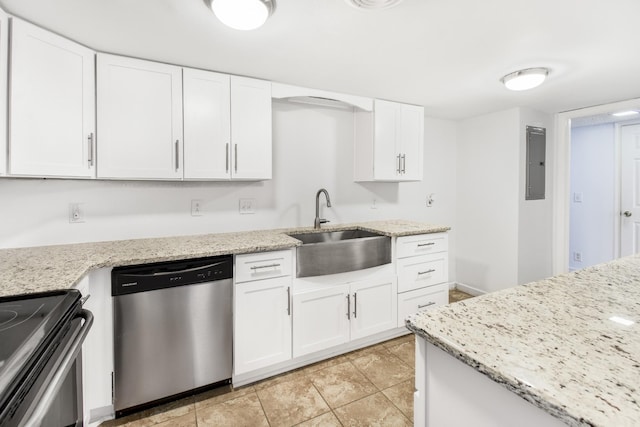 kitchen with sink, light stone counters, stainless steel dishwasher, electric panel, and white cabinets