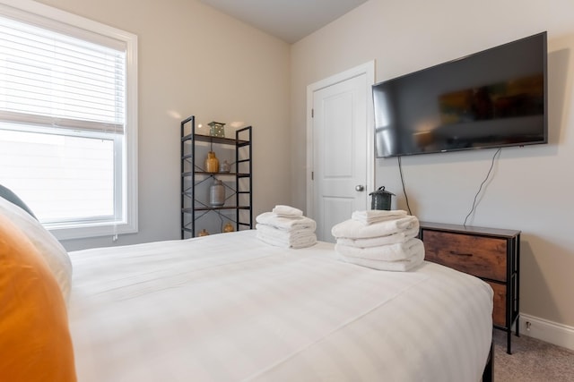 carpeted bedroom featuring multiple windows