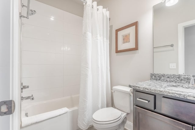 full bathroom with vanity, shower / bathtub combination with curtain, and toilet