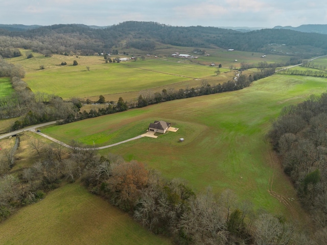 bird's eye view featuring a mountain view and a rural view