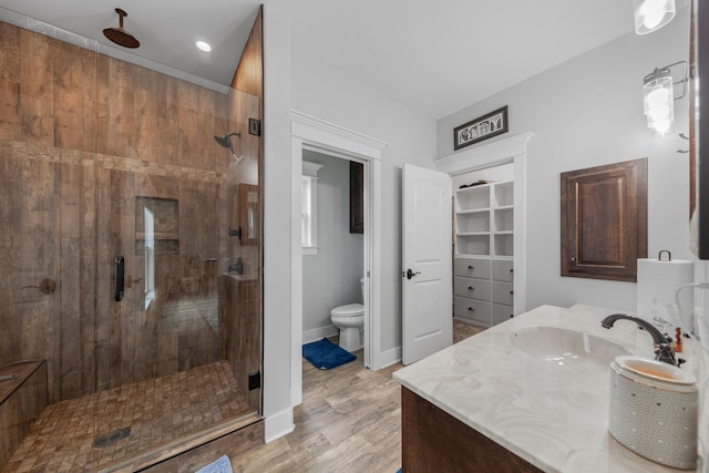 bathroom with vanity, hardwood / wood-style flooring, toilet, and walk in shower