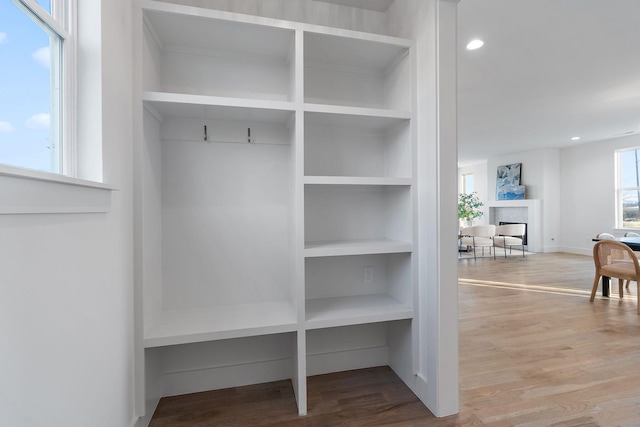 mudroom with hardwood / wood-style floors