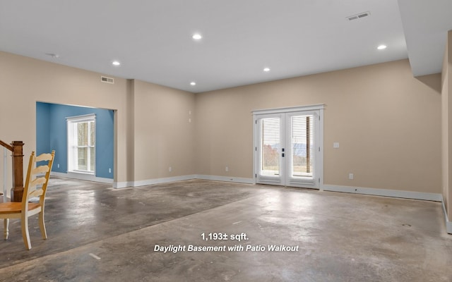 3868 Hobbstown Rd, Dunlap, TN 37327 - unfurnished room featuring concrete flooring, recessed lighting, french doors, and stairway