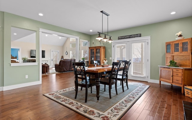 3868 Hobbstown Rd, Dunlap, TN 37327 - dining area with dark wood-style floors, recessed lighting, and lofted ceiling