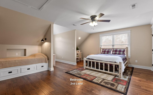 bedroom with wood-type flooring, ceiling fan, and lofted ceiling