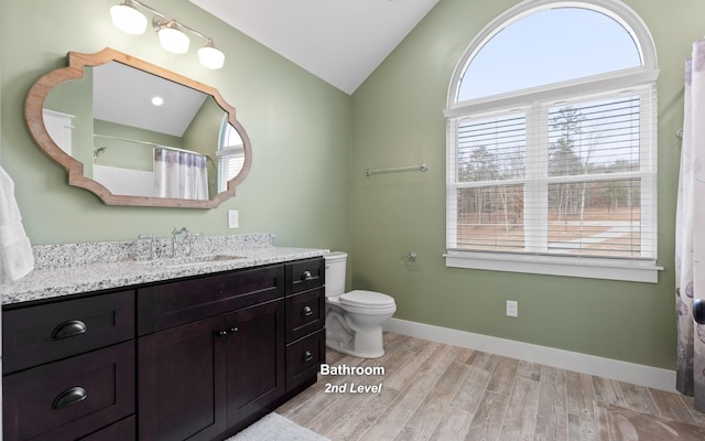 bathroom with vanity, vaulted ceiling, toilet, curtained shower, and wood-type flooring