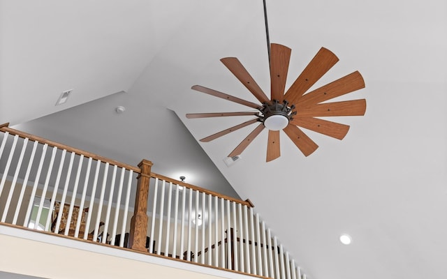 3868 Hobbstown Rd, Dunlap, TN 37327 - stairs with recessed lighting, ceiling fan, and high vaulted ceiling