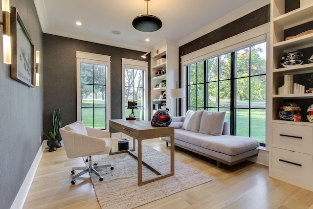 office area featuring plenty of natural light, light wood-type flooring, and crown molding