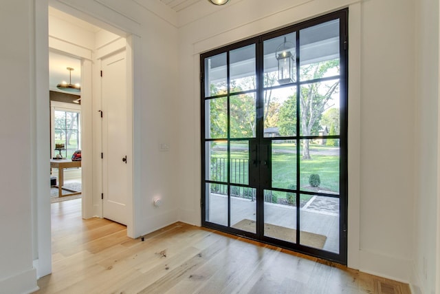 doorway featuring french doors, light hardwood / wood-style flooring, and a wealth of natural light