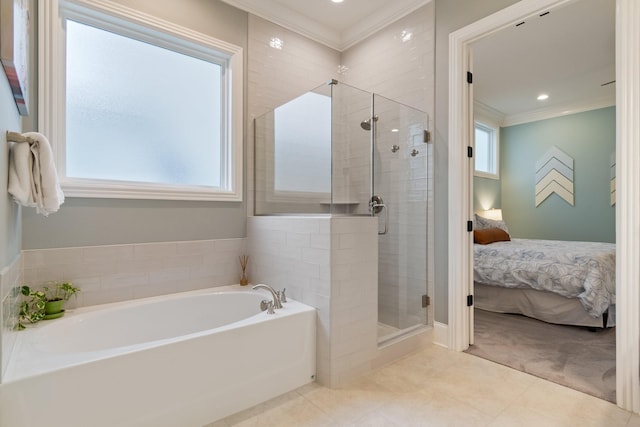 bathroom with separate shower and tub, crown molding, and tile patterned flooring