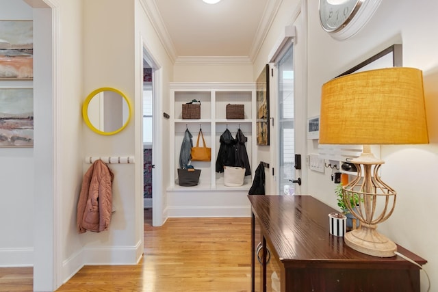 mudroom featuring light hardwood / wood-style floors and crown molding