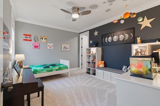 bedroom with carpet, ceiling fan, and ornamental molding