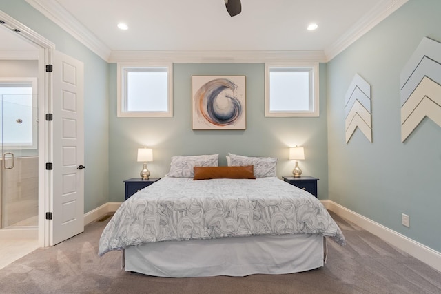 bedroom featuring carpet, ceiling fan, ornamental molding, and multiple windows