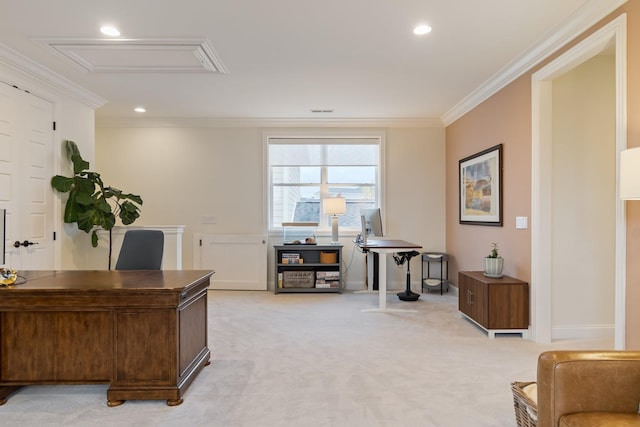 home office with light colored carpet and ornamental molding