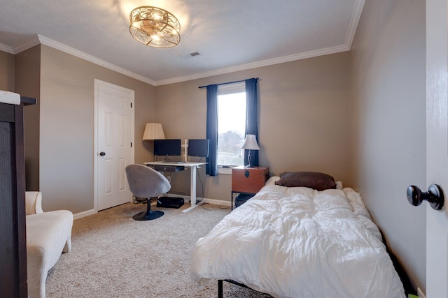 bedroom featuring carpet floors and ornamental molding