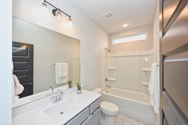 full bathroom with bathing tub / shower combination, tile patterned flooring, vanity, and toilet