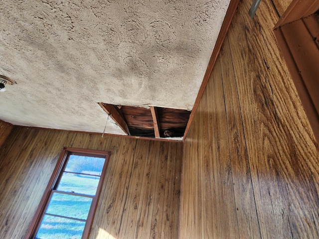 room details featuring wooden walls and a textured ceiling