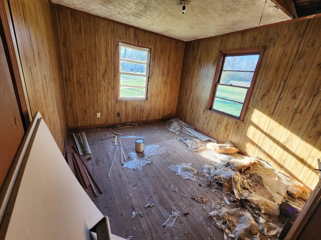 empty room featuring wooden walls, wood-type flooring, and a wealth of natural light