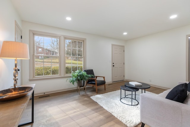 living room with light hardwood / wood-style flooring